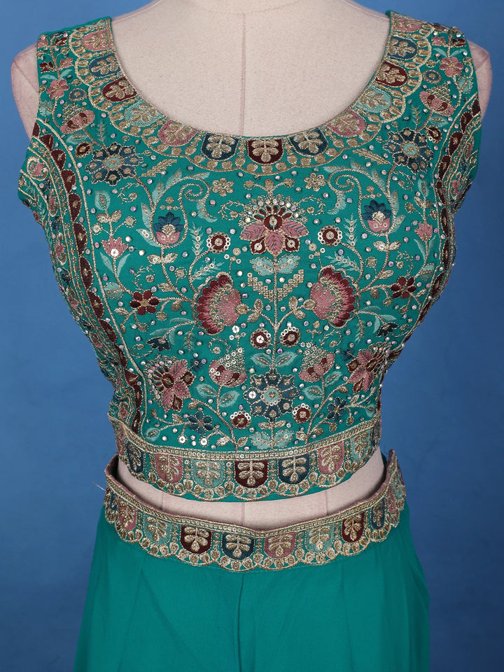 Teal Green Floral Design Sequin Embellishment Georgette Skirt Top - Diadem