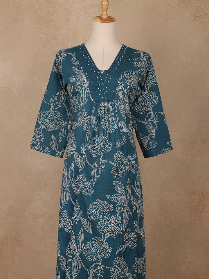 Teal Green Floral Designed Cotton Salwar Suit - Diadem
