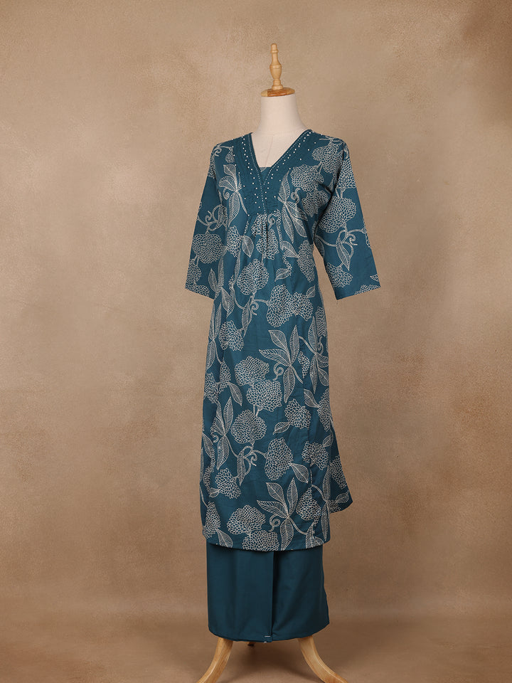 Teal Green Floral Designed Cotton Salwar Suit - Diadem