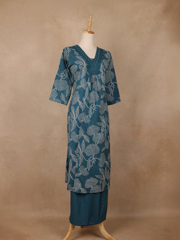 Teal Green Floral Designed Cotton Salwar Suit - Diadem
