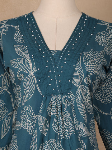 Teal Green Floral Designed Cotton Salwar Suit - Diadem