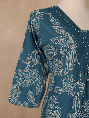 Teal Green Floral Designed Cotton Salwar Suit - Diadem