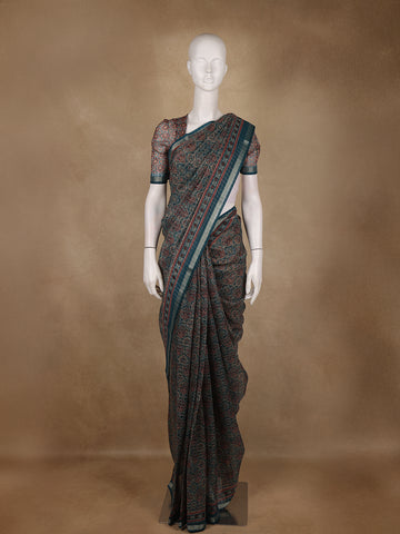 Teal Green Floral Designed Cotton Saree - Diadem