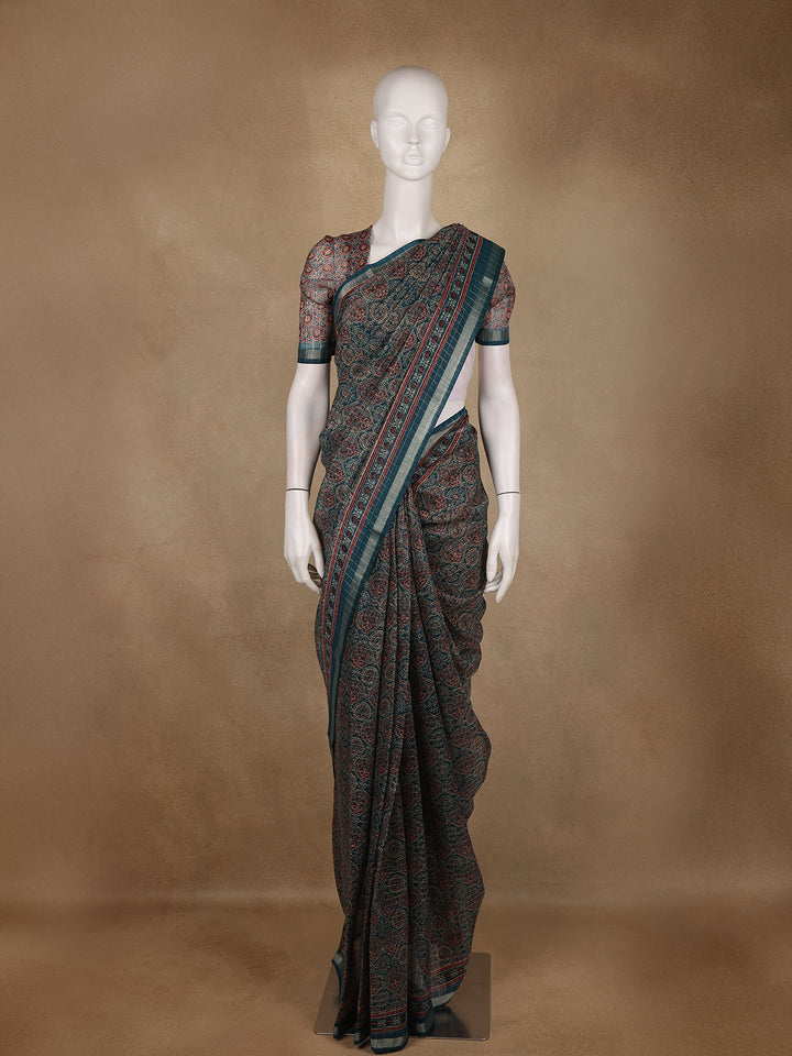Teal Green Floral Designed Cotton Saree - Diadem