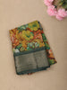 Teal Green Floral Printed Design Crepe Silk Casual Wear Saree with Contrast Zari Border