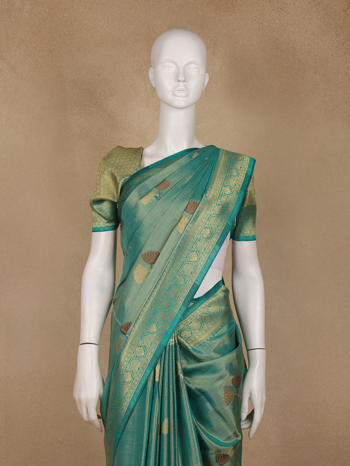 Teal Green Floral Printed Georgette Saree - Diadem