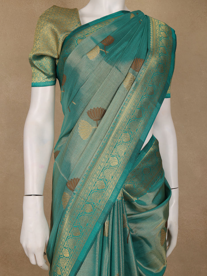 Teal Green Floral Printed Georgette Saree - Diadem