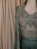 Teal Green Floral Sequins and Zari Embroidered Design Semi Silk Palazzo Suit with Over Coat