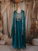 Teal Green Floral Zari and Stone Embroidered Design Organza Skirt Top With Over Coat