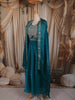 Teal Green Floral Zari and Stone Embroidered Design Organza Skirt Top With Over Coat