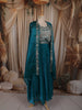 Teal Green Floral Zari and Stone Embroidered Design Organza Skirt Top With Over Coat