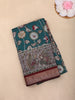 Teal Green Kalamkari Floral and Peacock Printed Chanderi Cotton Saree with Maroon Zari Border