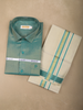 Teal Green Solid Woven Design Shirt with Cream Dhoti and Teal Gold Zari Border Set