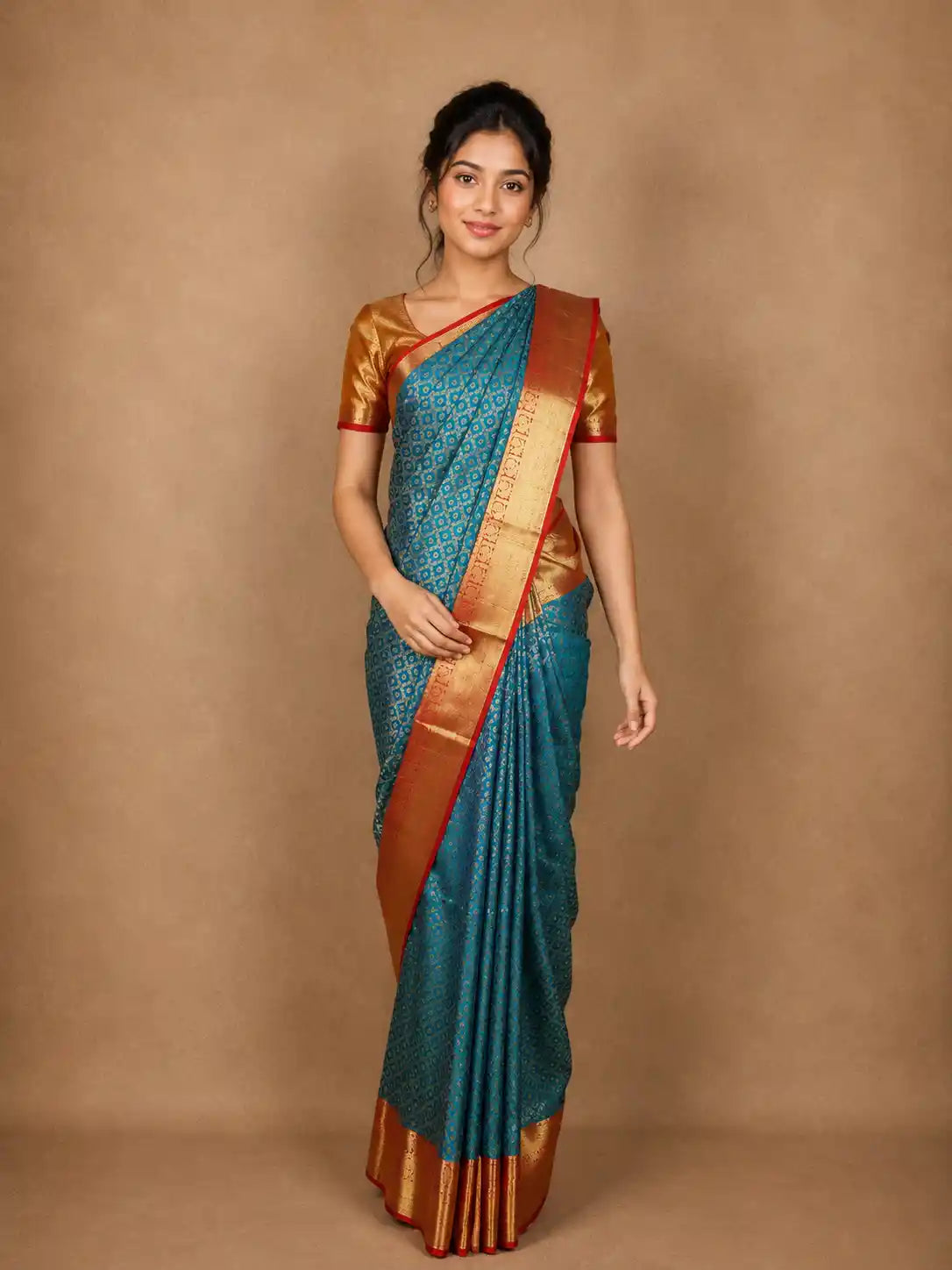 Teal Blue Butta Woven Design Pure Kanchipuram Silk Saree with Contrast Zari Border