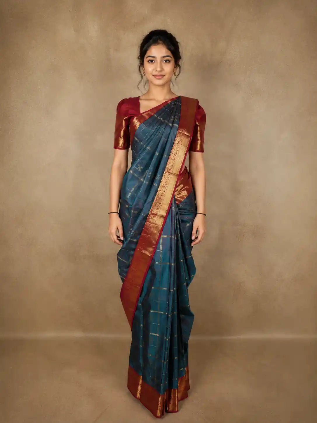 Teal Blue Checked Zari Woven Design Pure Kanchipuram Silk Saree with Contrast Zari Border