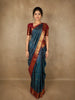 Teal Blue Checked Zari Woven Design Pure Kanchipuram Silk Saree with Contrast Zari Border