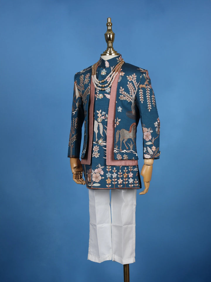 Teal Blue Cotton Floral Embroidery Over Jacket Sherwani And Pant Set - Diadem