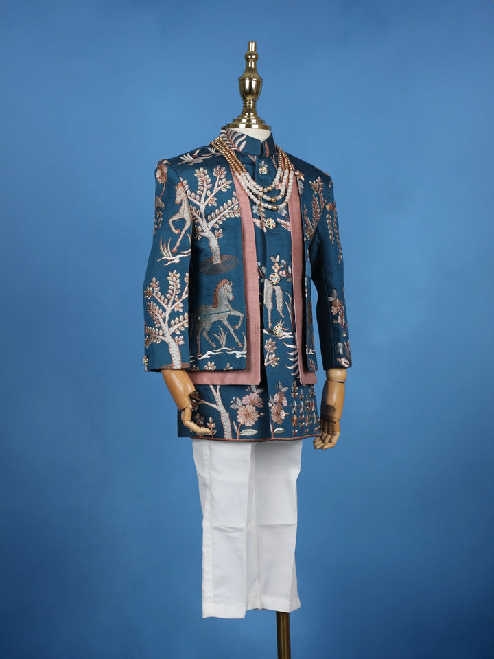 Teal Blue Cotton Floral Embroidery Over Jacket Sherwani And Pant Set - Diadem