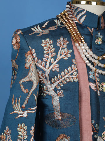 Teal Blue Cotton Floral Embroidery Over Jacket Sherwani And Pant Set - Diadem