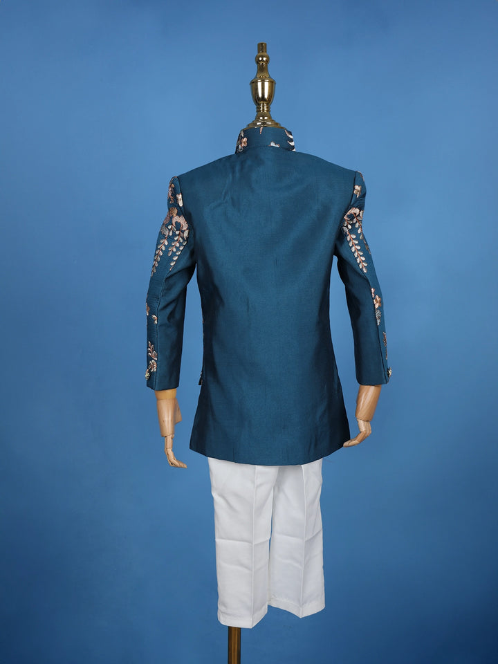 Teal Blue Cotton Floral Embroidery Over Jacket Sherwani And Pant Set - Diadem