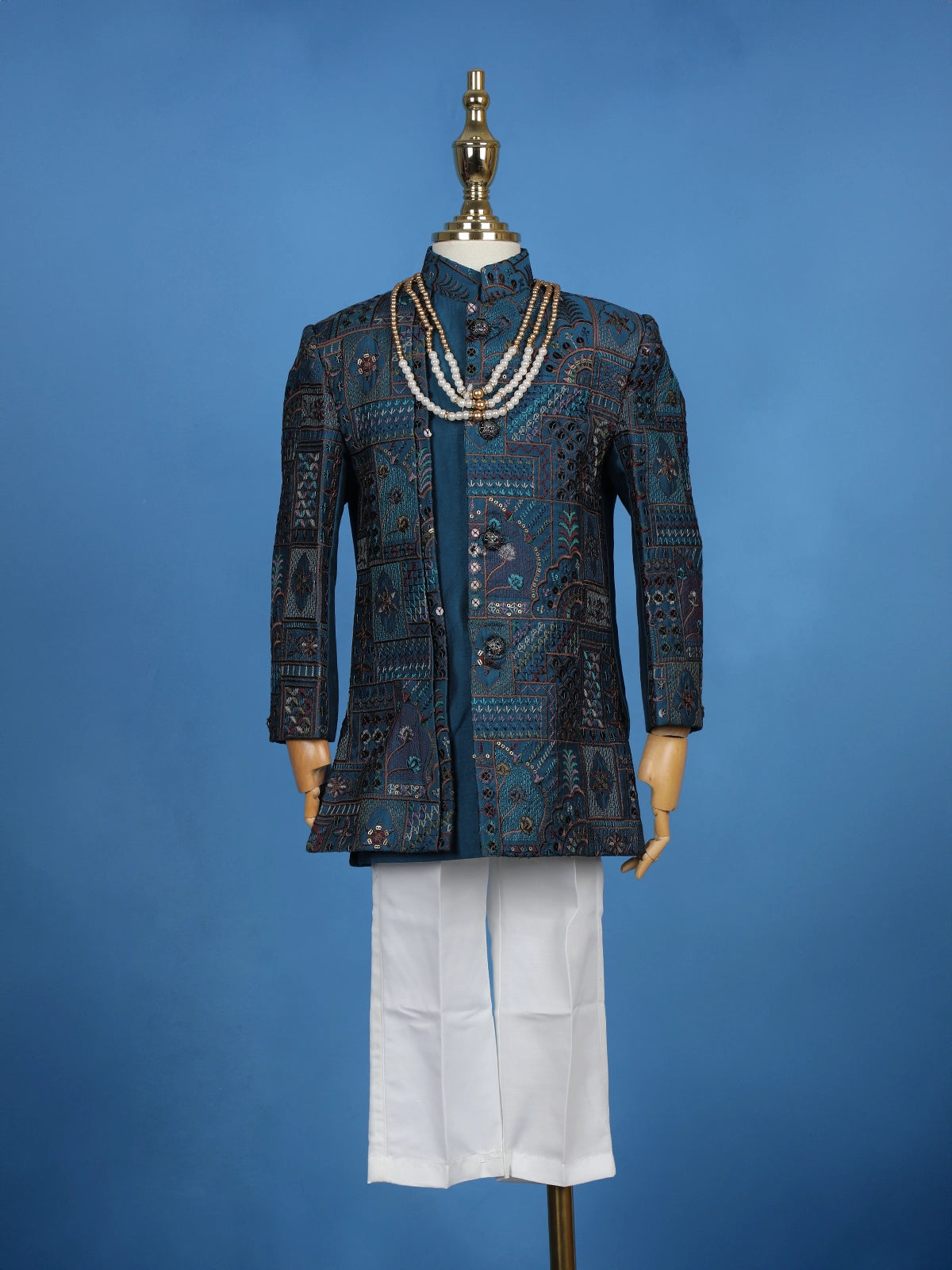 Teal Blue Cotton Floral Embroidery Sherwani And Pant Set - Diadem