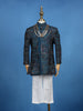 Teal Blue Cotton Floral Embroidery Sherwani And Pant Set - Diadem
