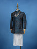 Teal Blue Cotton Floral Embroidery Sherwani And Pant Set - Diadem