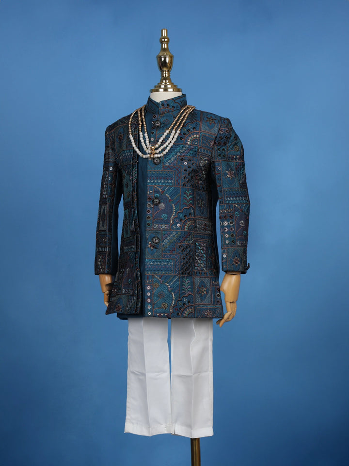 Teal Blue Cotton Floral Embroidery Sherwani And Pant Set - Diadem