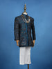 Teal Blue Cotton Floral Embroidery Sherwani And Pant Set - Diadem