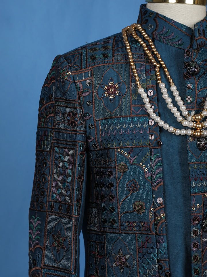 Teal Blue Cotton Floral Embroidery Sherwani And Pant Set - Diadem