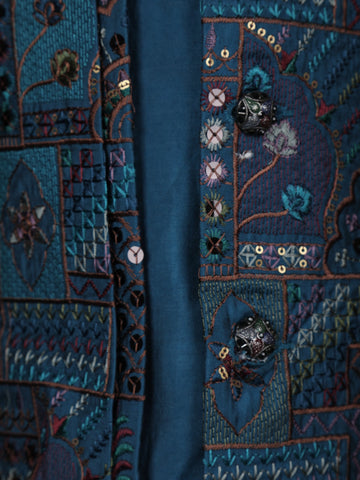 Teal Blue Cotton Floral Embroidery Sherwani And Pant Set - Diadem