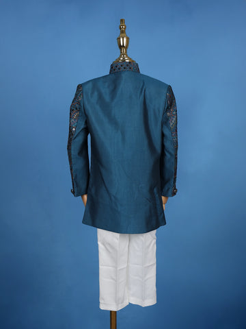 Teal Blue Cotton Floral Embroidery Sherwani And Pant Set - Diadem