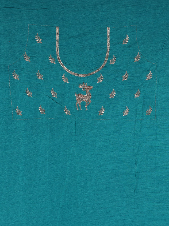 Teal Blue Deer Motif Embroidered Georgette Saree - Diadem