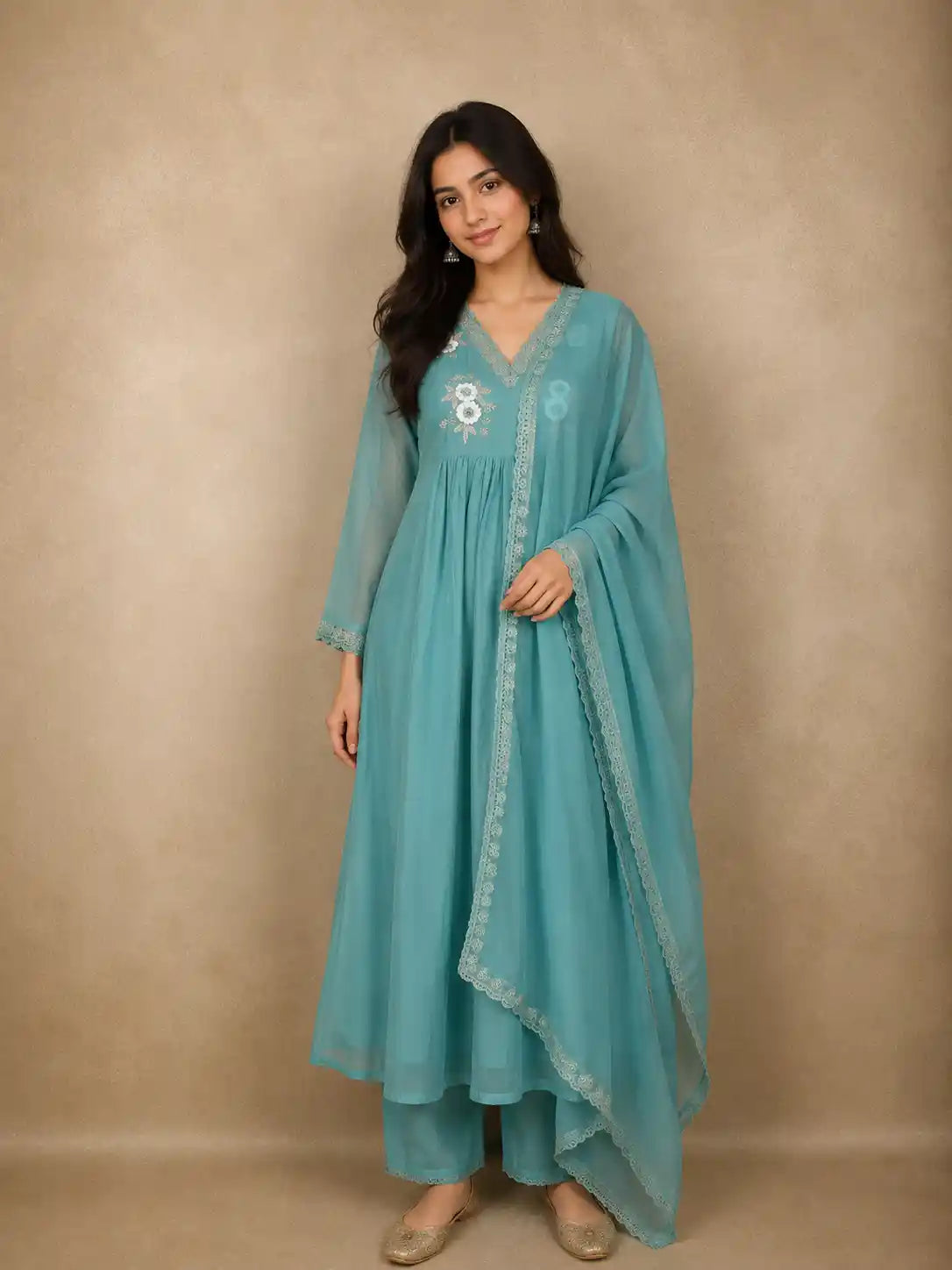 Teal Blue Floral Appliqué Embroidered Cotton Salwar Suit with Scallop Lace