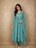 Teal Blue Floral Appliqué Embroidered Cotton Salwar Suit with Scallop Lace