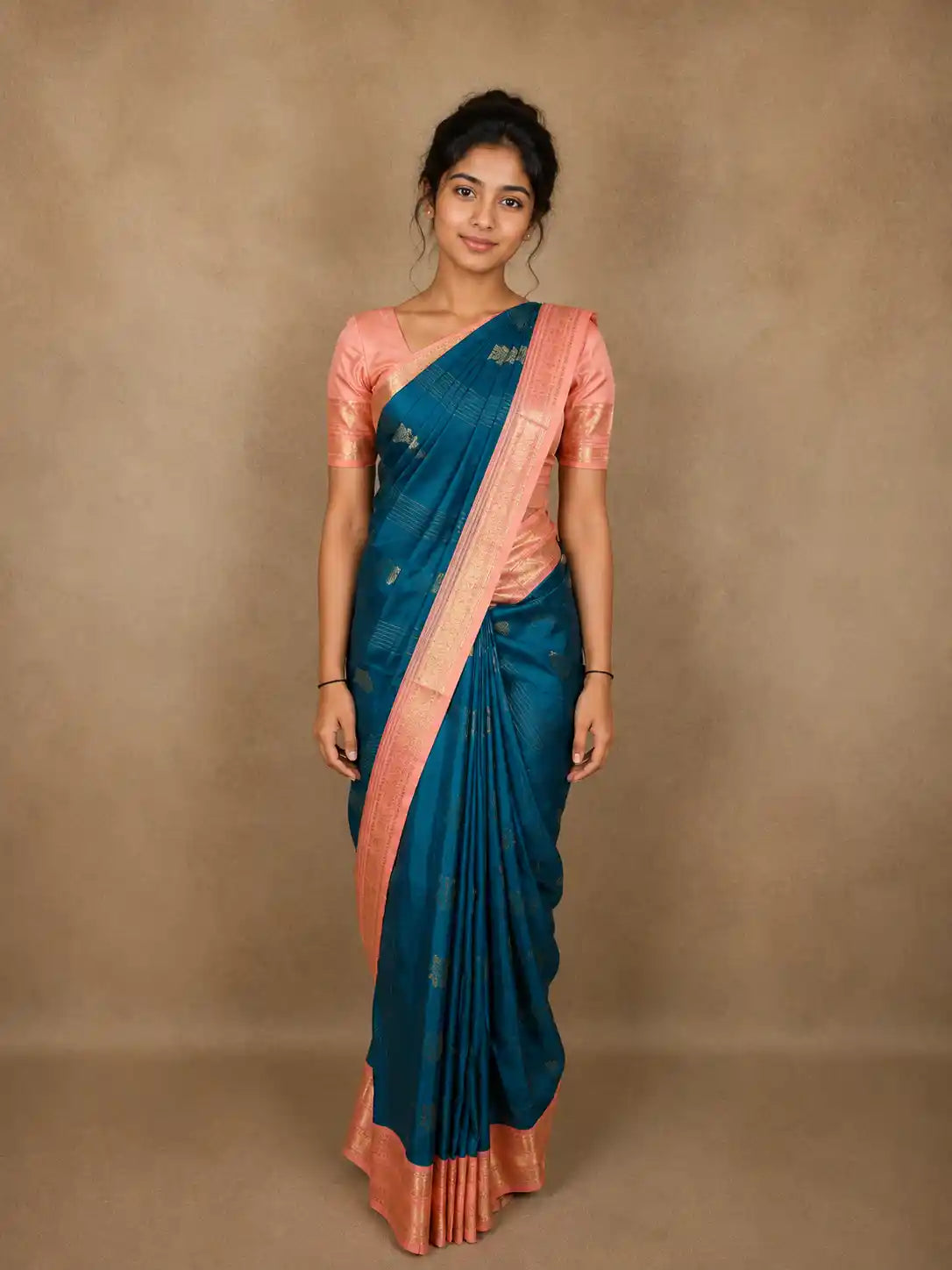 Teal Blue Floral Butta Woven Design Pure Kanchipuram Silk Saree with Contrast Floral Zari Border