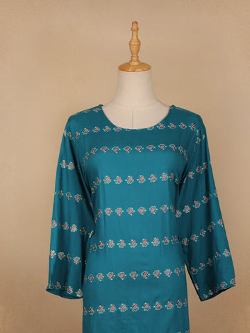 Teal Blue Floral Design Cotton Kurti - Diadem
