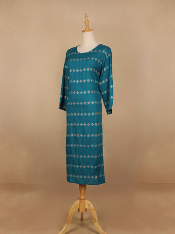Teal Blue Floral Design Cotton Kurti - Diadem