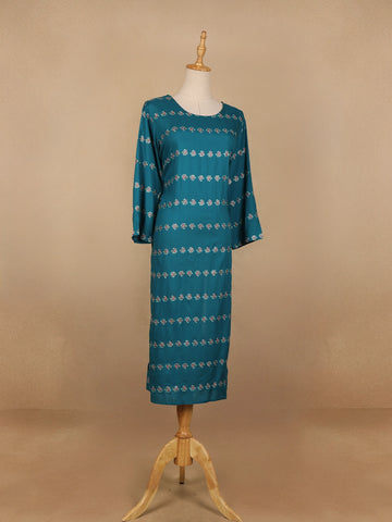 Teal Blue Floral Design Cotton Kurti - Diadem