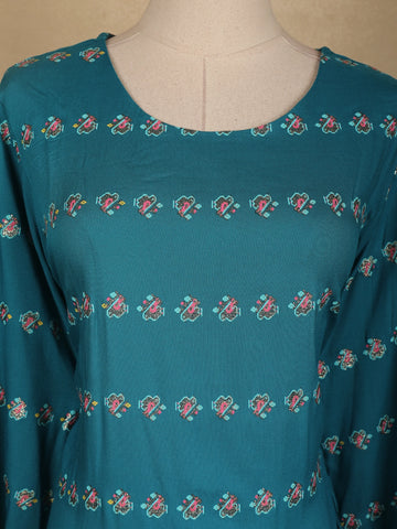 Teal Blue Floral Design Cotton Kurti - Diadem