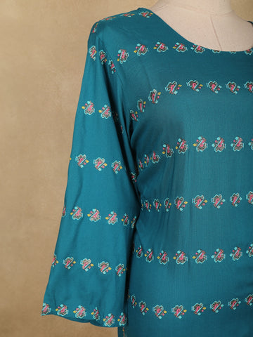 Teal Blue Floral Design Cotton Kurti - Diadem