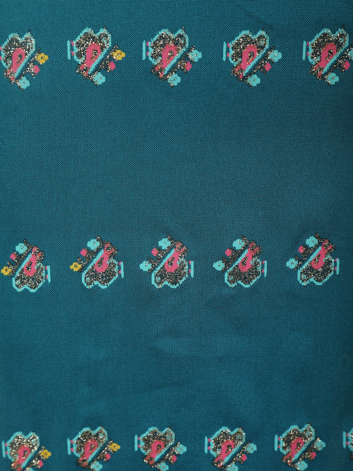Teal Blue Floral Design Cotton Kurti - Diadem