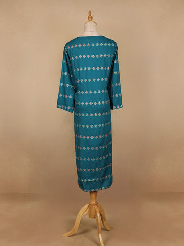 Teal Blue Floral Design Cotton Kurti - Diadem