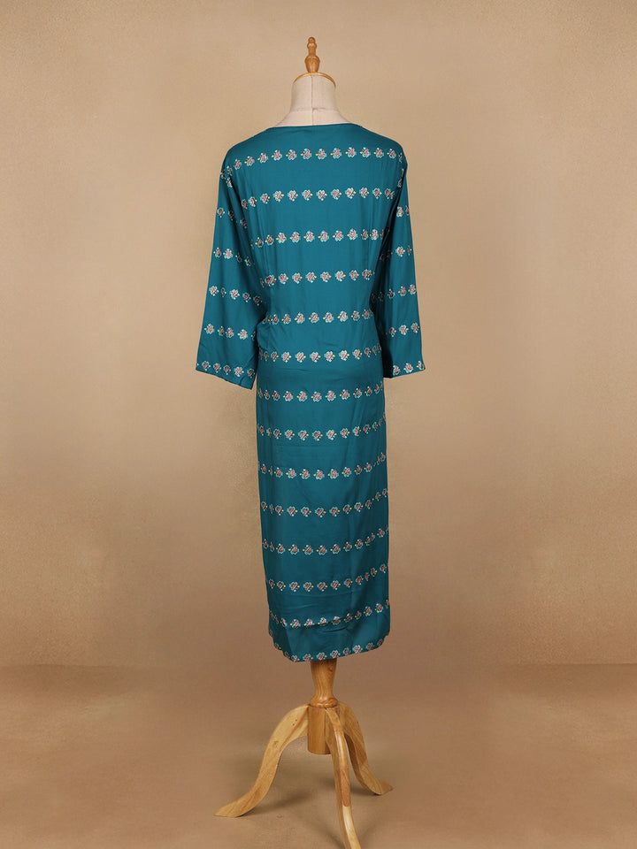 Teal Blue Floral Design Cotton Kurti - Diadem