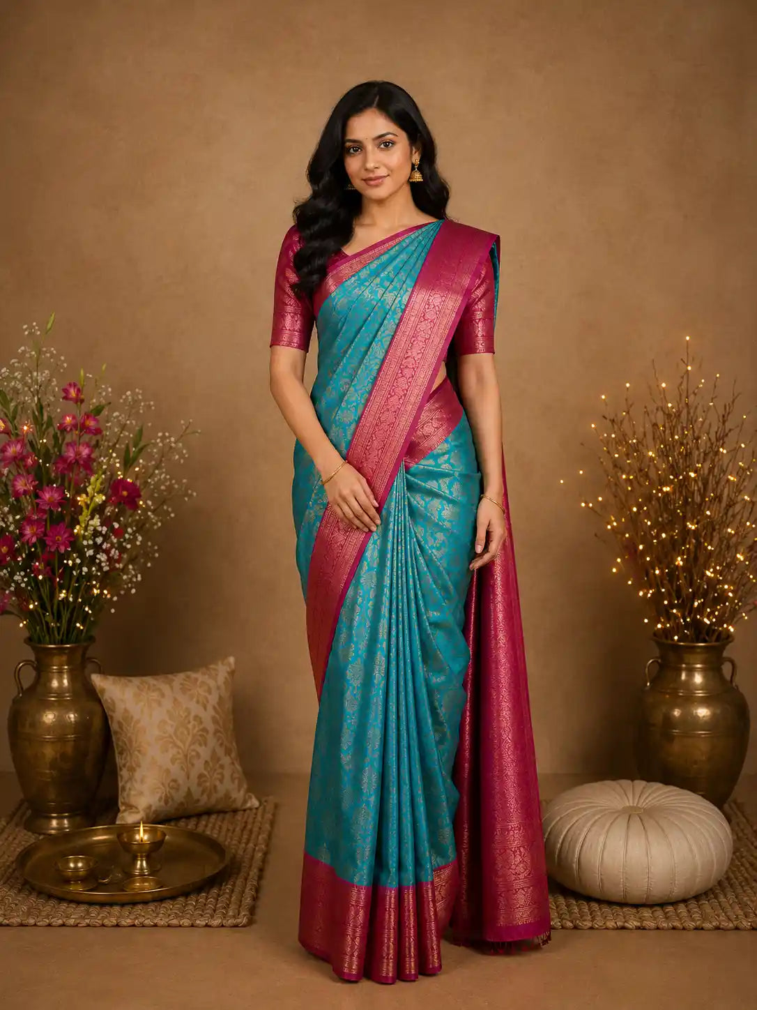 Teal Blue Floral Design Kanchipuram Silk Saree With Contrast Blouse