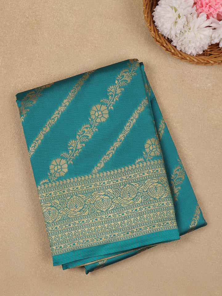 Teal Blue Floral Design Silk Saree - Diadem