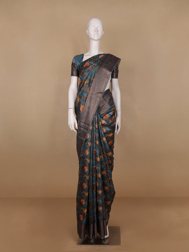 Teal Blue Floral Designed Chanderi Cotton Saree - Diadem