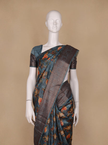 Teal Blue Floral Designed Chanderi Cotton Saree - Diadem