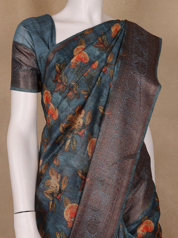 Teal Blue Floral Designed Chanderi Cotton Saree - Diadem