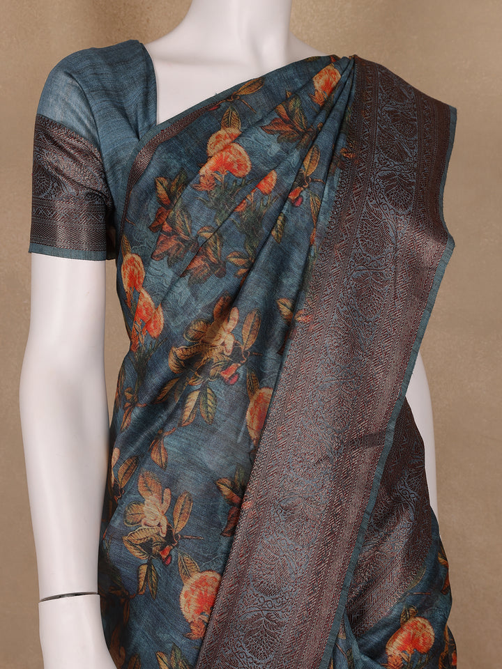 Teal Blue Floral Designed Chanderi Cotton Saree - Diadem